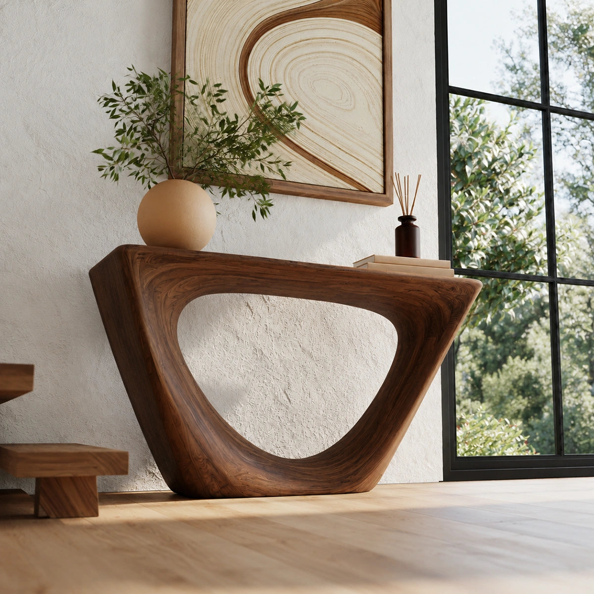 Sculptural Natural Solid Wood Console Table with Open Geometric Base - Livewoodcraft - 4256 - 8