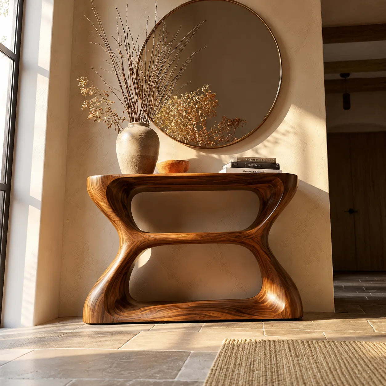 Sculptural Natural Solid Wood Console Table with Open Geometric Base - Livewoodcraft - 5