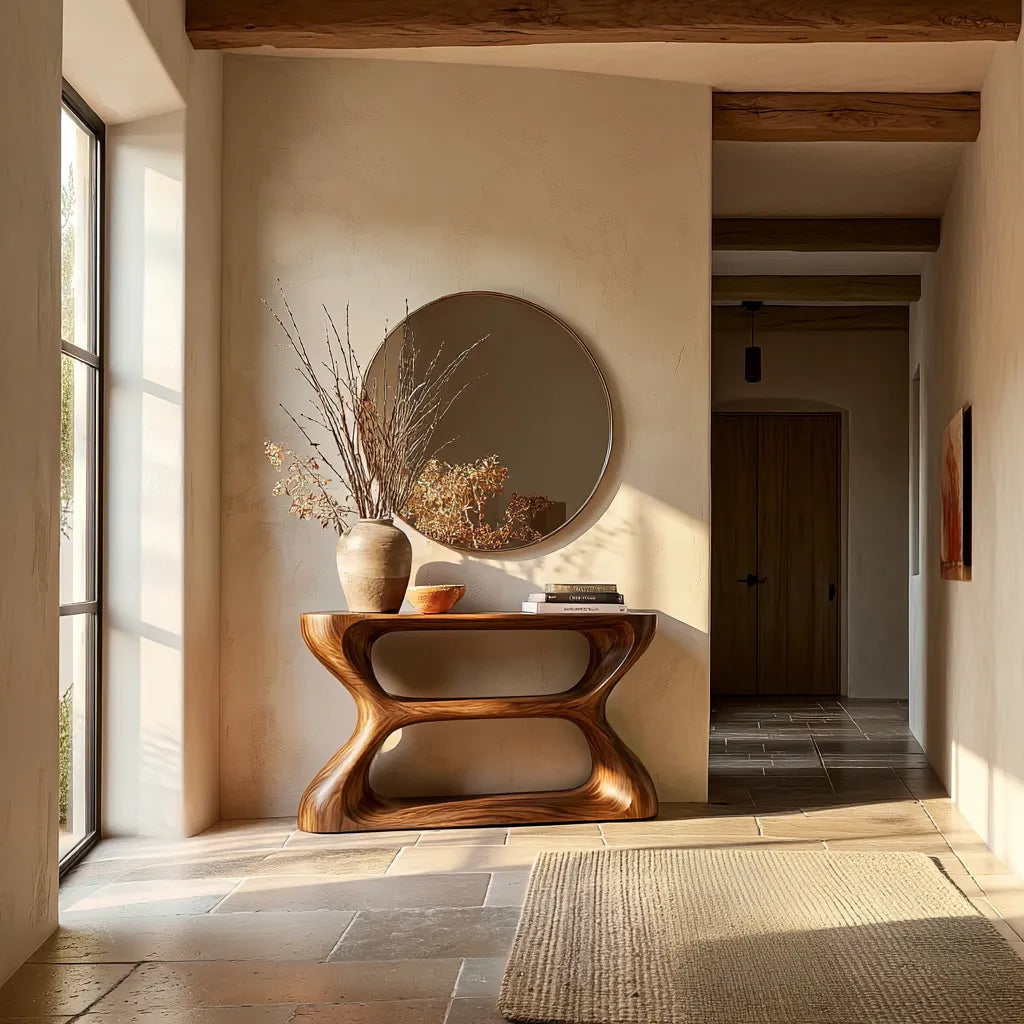 Sculptural Natural Solid Wood Console Table with Open Geometric Base - Livewoodcraft
