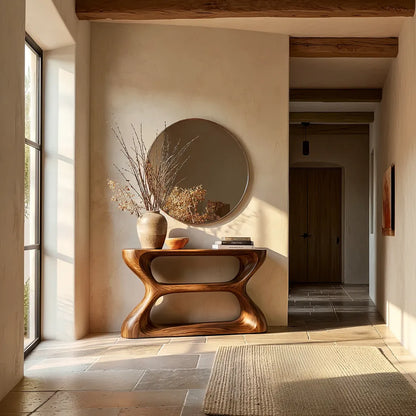 Sculptural Natural Solid Wood Console Table with Open Geometric Base - Livewoodcraft