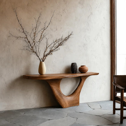 Sculptural Natural Solid Wood Console Table with Organic Open Base - Livewoodcraft - 2