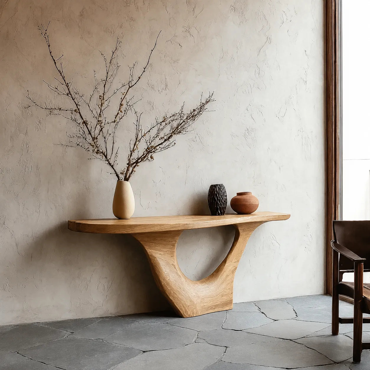 Sculptural Natural Solid Wood Console Table with Organic Open Base - Livewoodcraft - 3