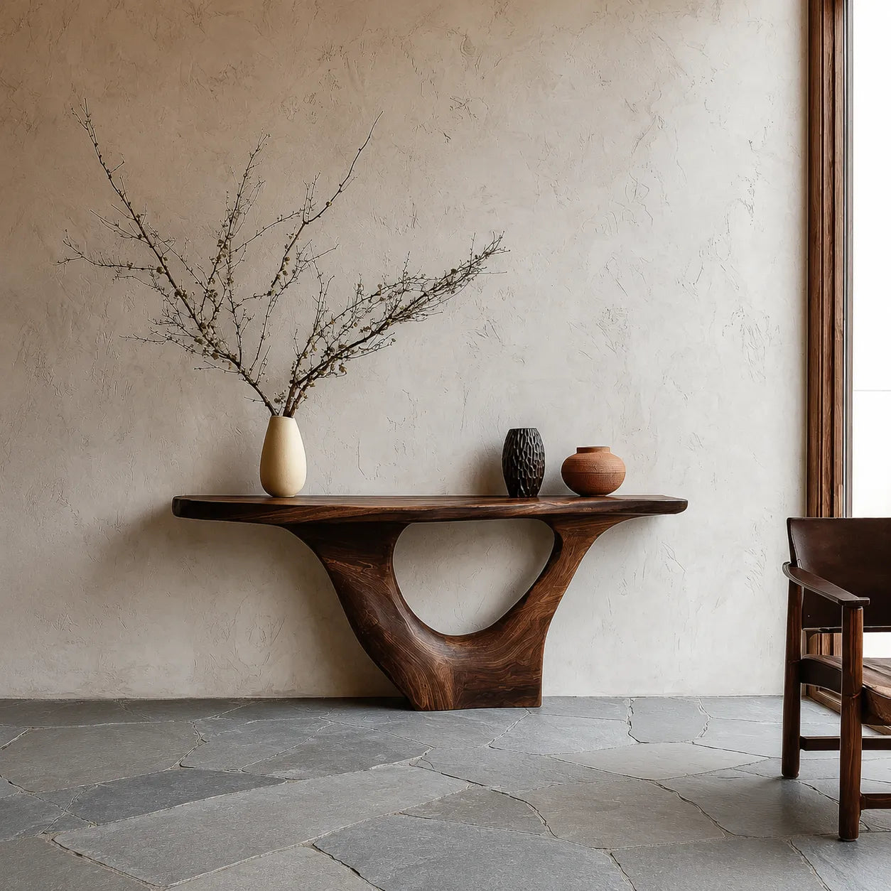 Sculptural Natural Solid Wood Console Table with Organic Open Base - Livewoodcraft - 5