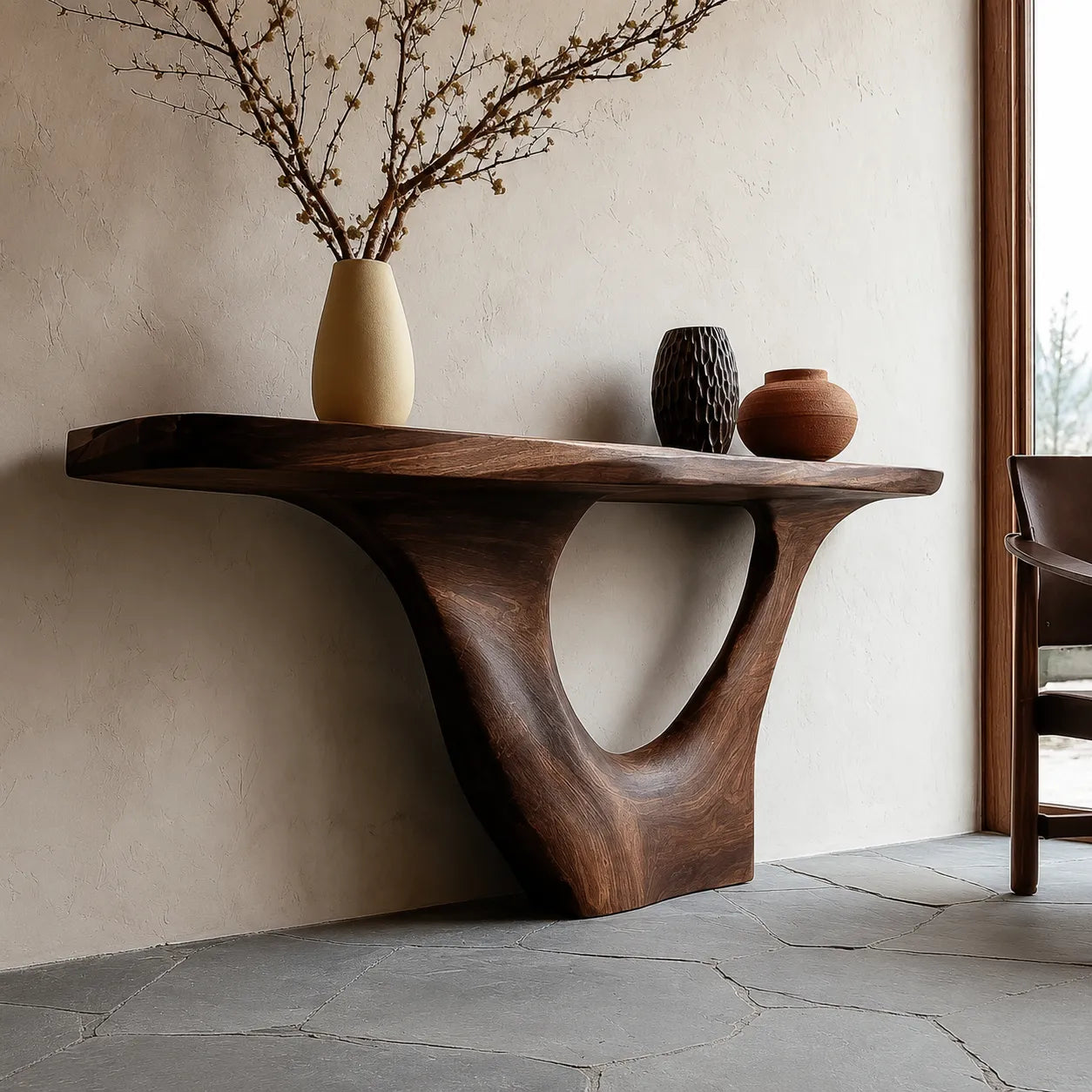 Sculptural Natural Solid Wood Console Table with Organic Open Base - Livewoodcraft - 8