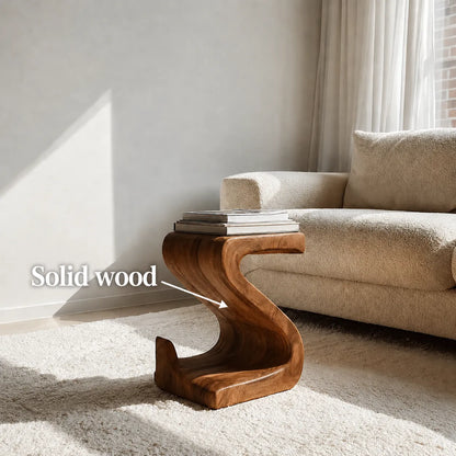 Sculptural Natural Solid Wood Side Table with Curved S Base - Livewoodcraft - 10