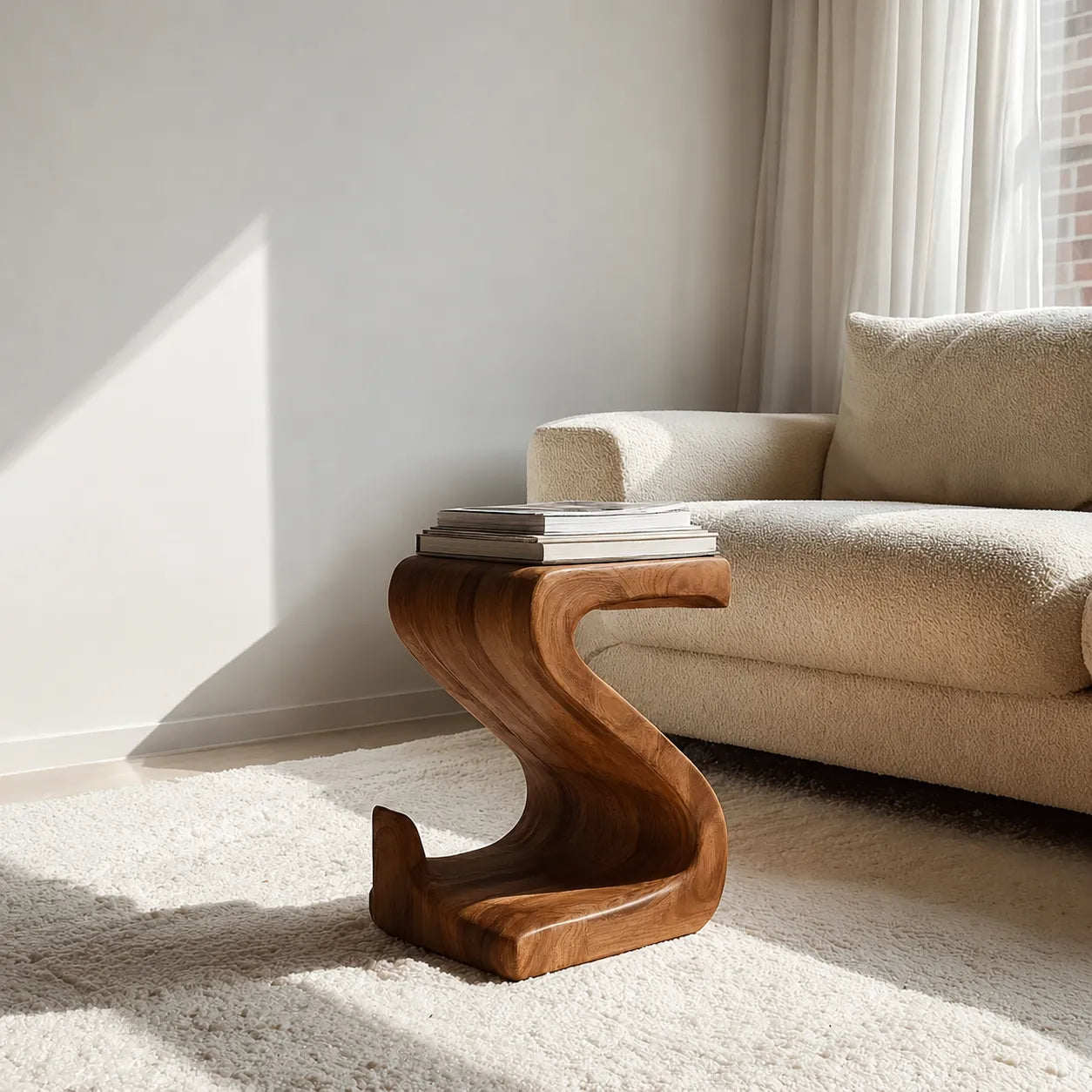 Sculptural Natural Solid Wood Side Table with Curved S Base - Livewoodcraft - 2