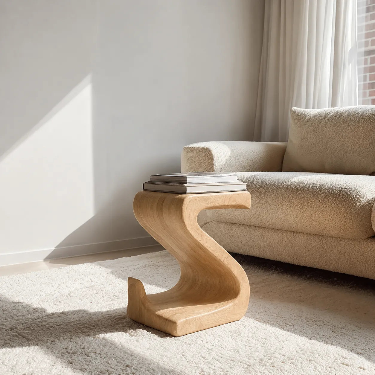Sculptural Natural Solid Wood Side Table with Curved S Base - Livewoodcraft - 3