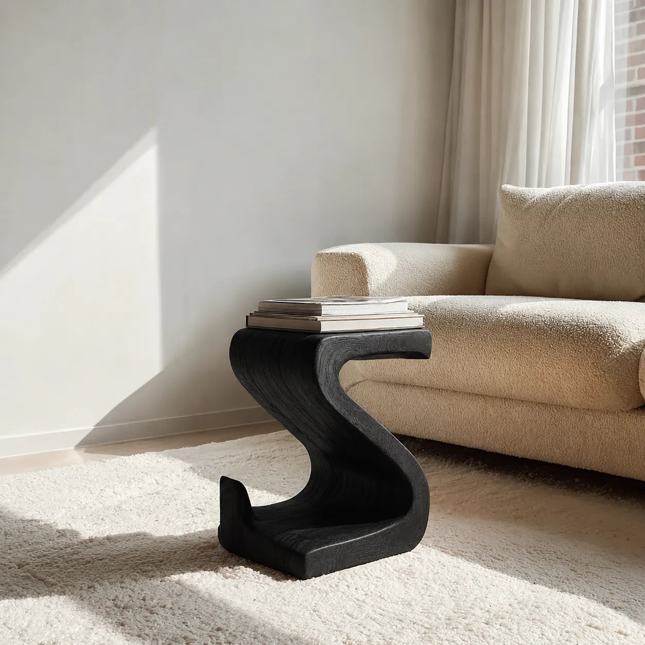 Sculptural Natural Solid Wood Side Table with Curved S Base - Livewoodcraft - 4