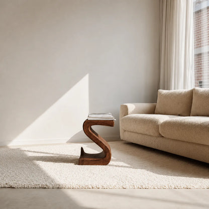 Sculptural Natural Solid Wood Side Table with Curved S Base - Livewoodcraft - 5