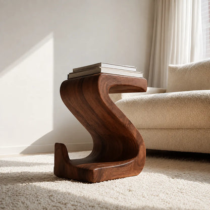 Sculptural Natural Solid Wood Side Table with Curved S Base - Livewoodcraft - 6