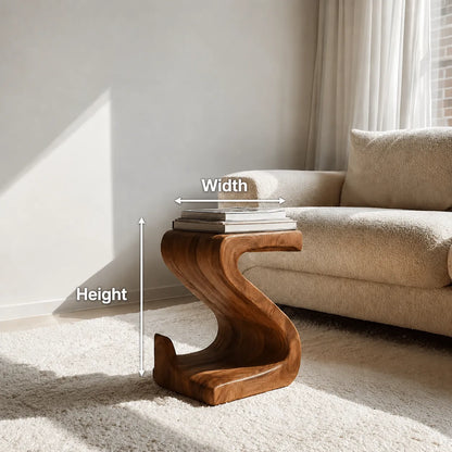 Sculptural Natural Solid Wood Side Table with Curved S Base - Livewoodcraft - 9