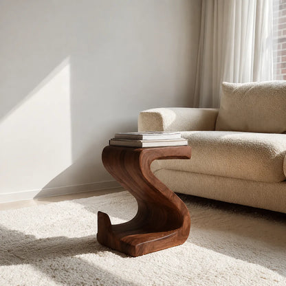 Sculptural Natural Solid Wood Side Table with Curved S Base - Livewoodcraft