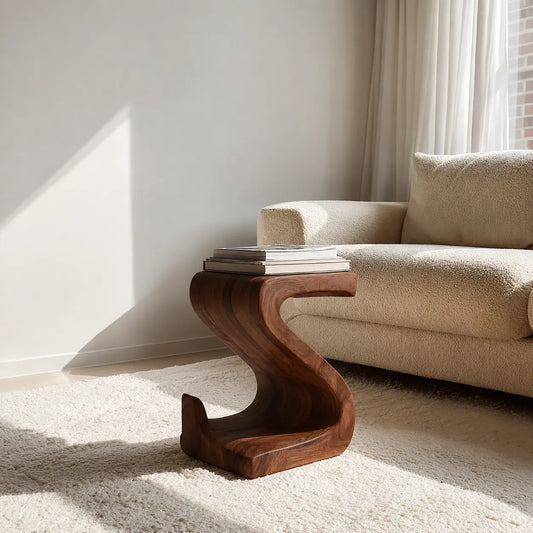 Sculptural Natural Solid Wood Side Table with Curved S Base - Livewoodcraft