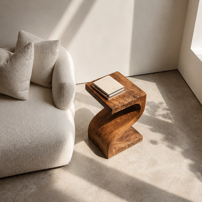 Sculptural Natural Solid Wood Side Table with Curved Z Base - Livewoodcraft - 2048 - 5