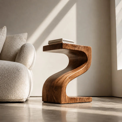 Sculptural Natural Solid Wood Side Table with Curved Z Base - Livewoodcraft - 2048 - 6
