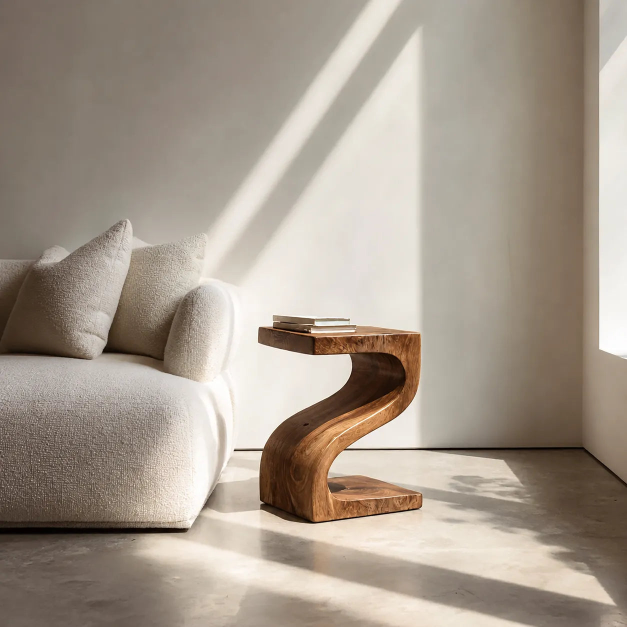 Sculptural Natural Solid Wood Side Table with Curved Z Base - Livewoodcraft - 2048
