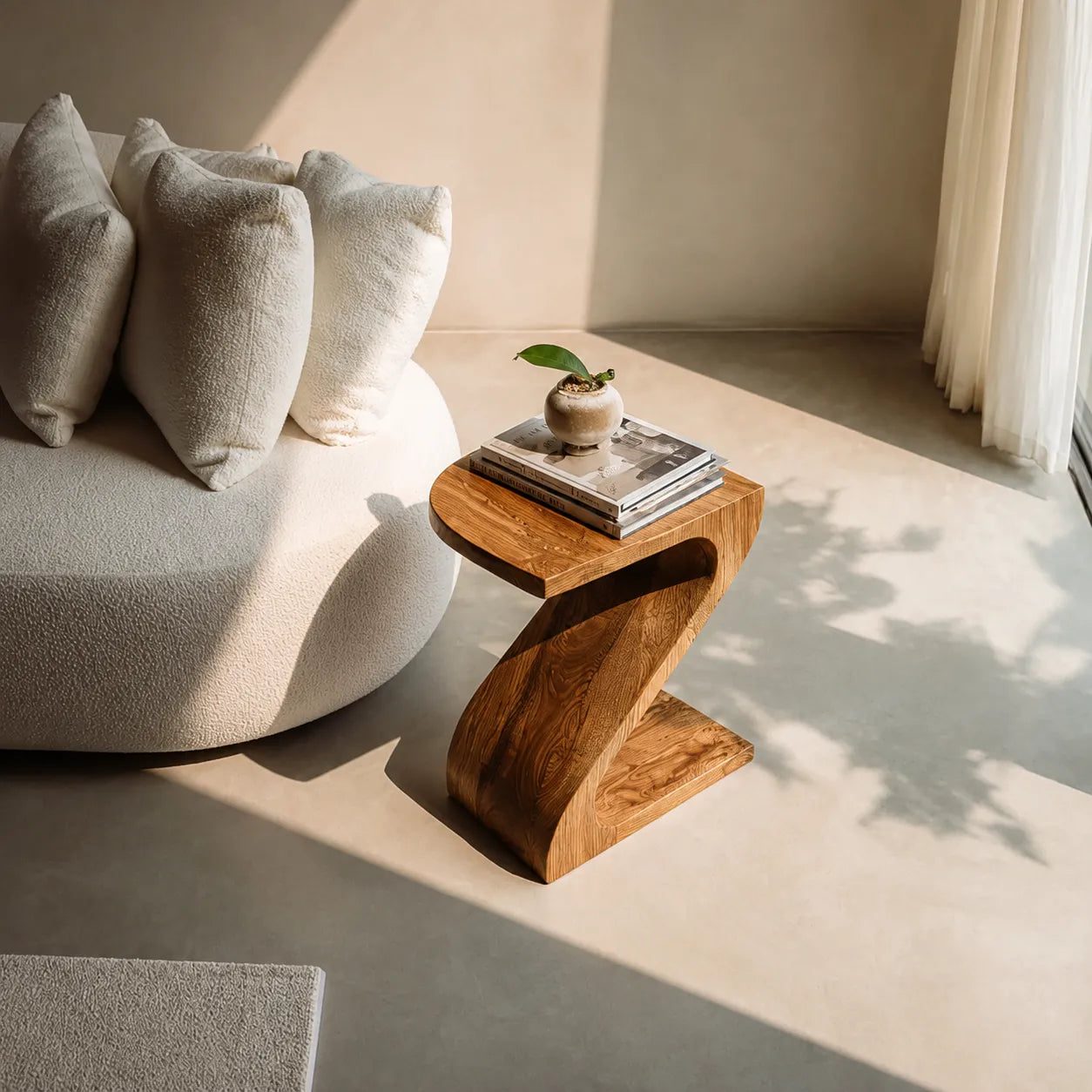 Sculptural Natural Solid Wood Side Table with Curved Z Base - Livewoodcraft - 6