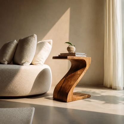Sculptural Natural Solid Wood Side Table with Curved Z Base - Livewoodcraft - 8