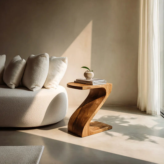 Sculptural Natural Solid Wood Side Table with Curved Z Base - Livewoodcraft