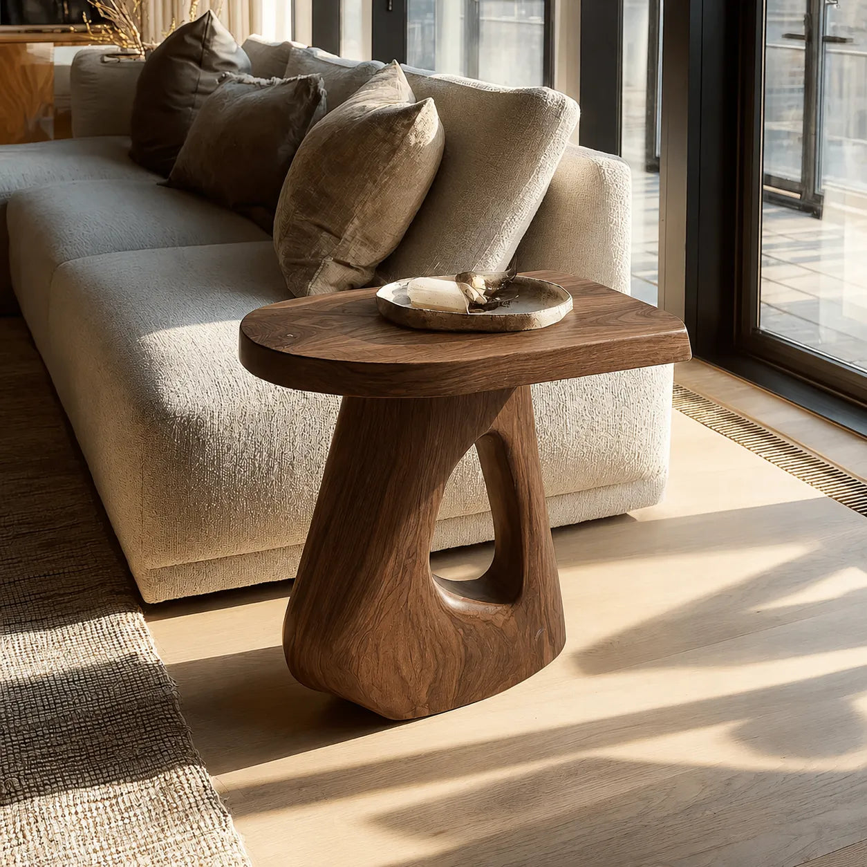 Sculptural Natural Solid Wood Side Table with Open Pedestal Base - Livewoodcraft - 2