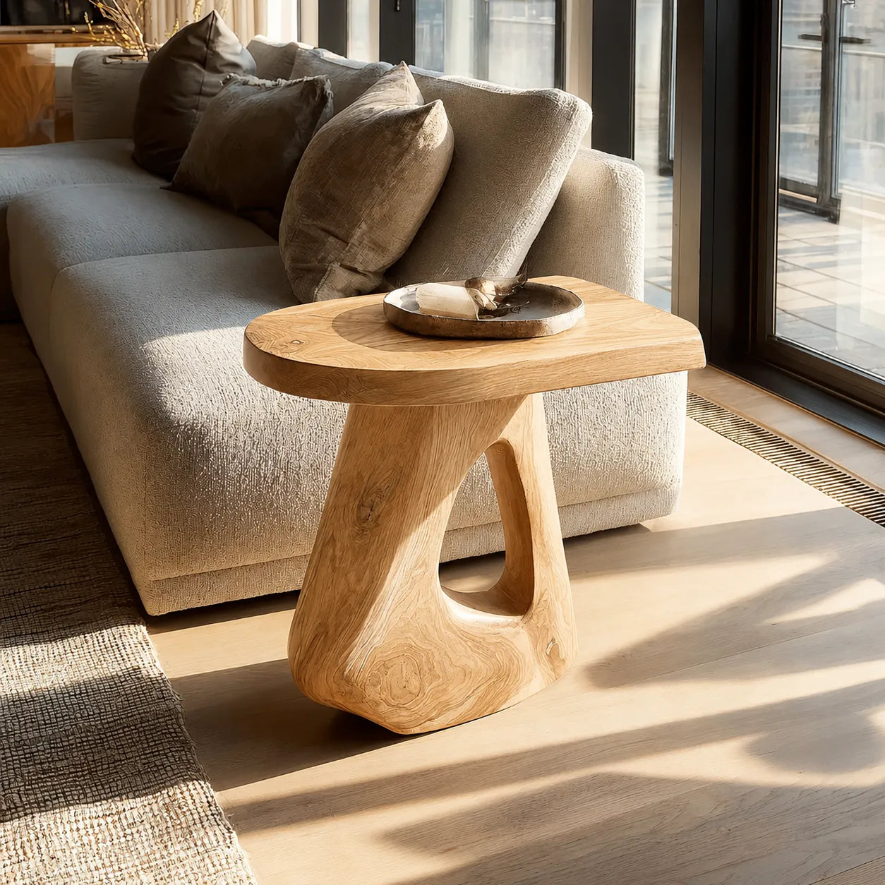 Sculptural Natural Solid Wood Side Table with Open Pedestal Base - Livewoodcraft - 3