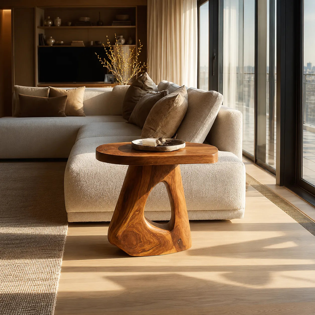 Sculptural Natural Solid Wood Side Table with Open Pedestal Base - Livewoodcraft - 5