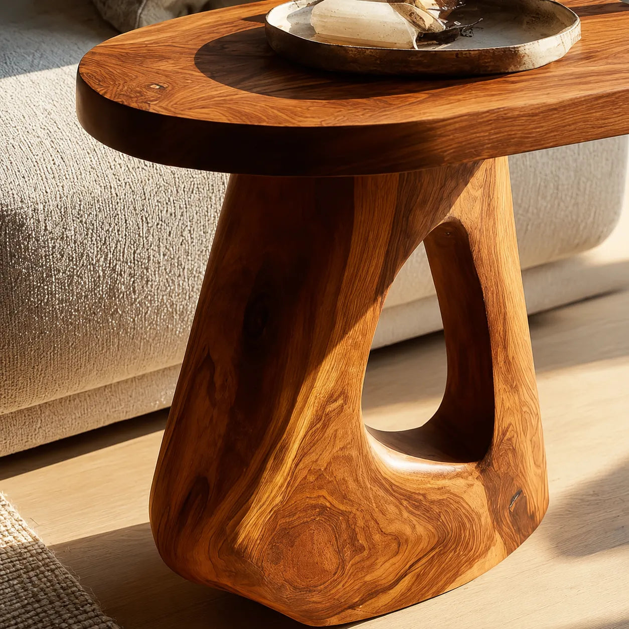 Sculptural Natural Solid Wood Side Table with Open Pedestal Base - Livewoodcraft - 6