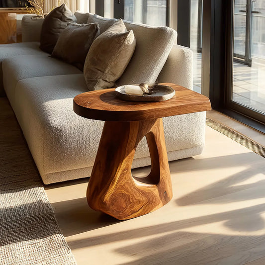 Sculptural Natural Solid Wood Side Table with Open Pedestal Base - Livewoodcraft