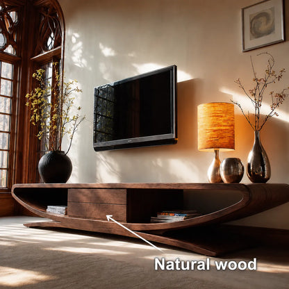 Sculptural Natural Solid Wood TV Stand with Open Shelves and Drawers - Livewoodcraft - 10