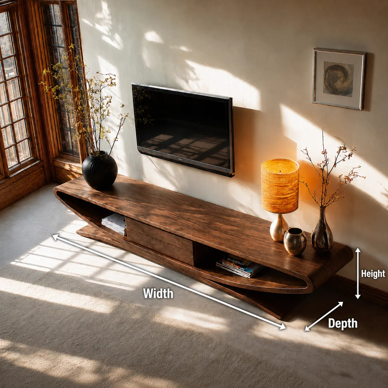 Sculptural Natural Solid Wood TV Stand with Open Shelves and Drawers - Livewoodcraft - 11