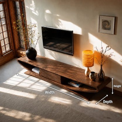 Sculptural Natural Solid Wood TV Stand with Open Shelves and Drawers - Livewoodcraft - 11