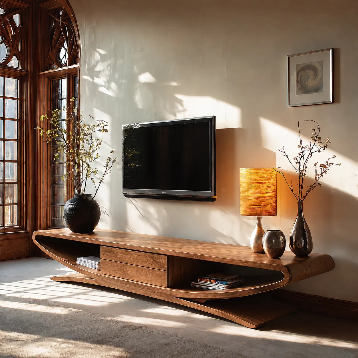 Sculptural Natural Solid Wood TV Stand with Open Shelves and Drawers - Livewoodcraft - 2