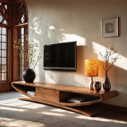 Sculptural Natural Solid Wood TV Stand with Open Shelves and Drawers - Livewoodcraft - 2