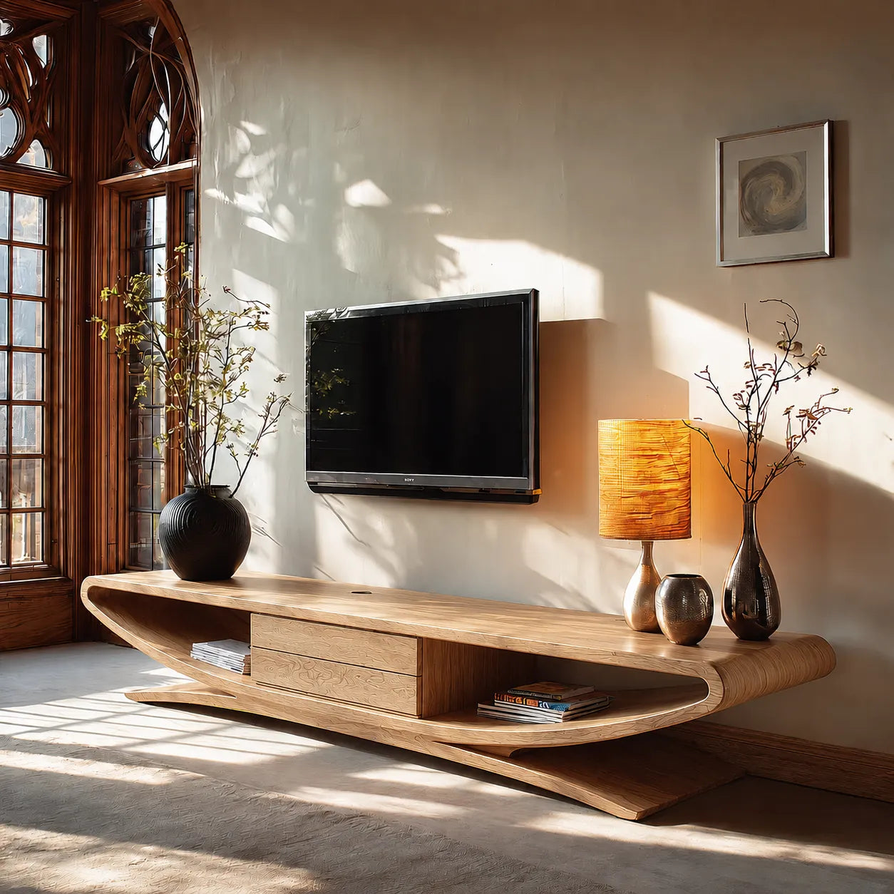 Sculptural Natural Solid Wood TV Stand with Open Shelves and Drawers - Livewoodcraft - 3