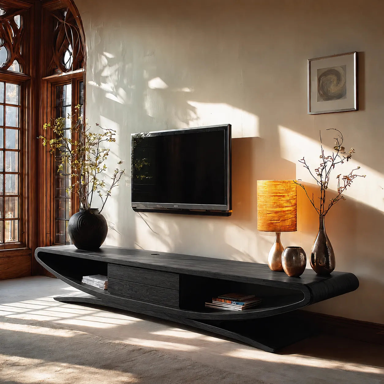 Sculptural Natural Solid Wood TV Stand with Open Shelves and Drawers - Livewoodcraft - 4