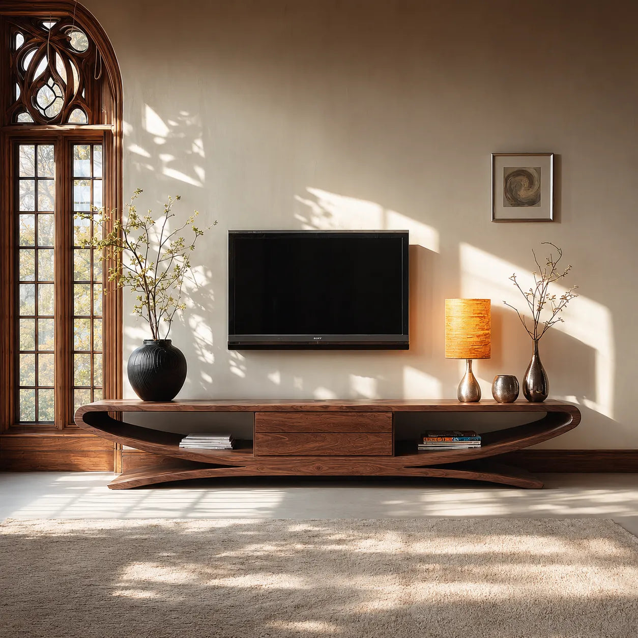 Sculptural Natural Solid Wood TV Stand with Open Shelves and Drawers - Livewoodcraft - 5