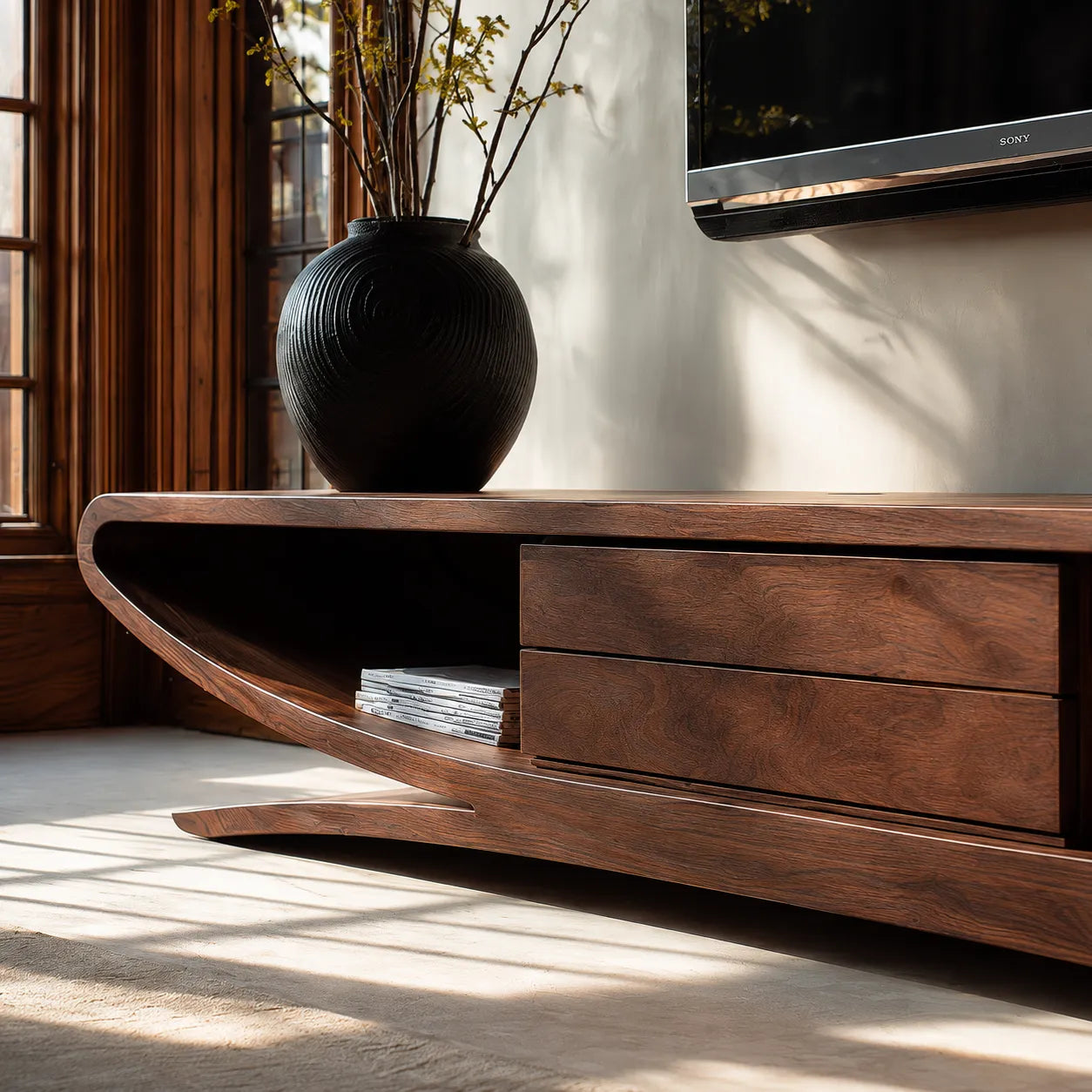 Sculptural Natural Solid Wood TV Stand with Open Shelves and Drawers - Livewoodcraft - 6