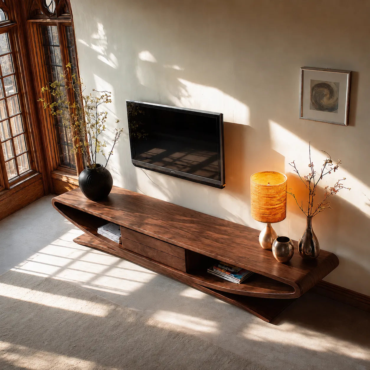 Sculptural Natural Solid Wood TV Stand with Open Shelves and Drawers - Livewoodcraft - 7