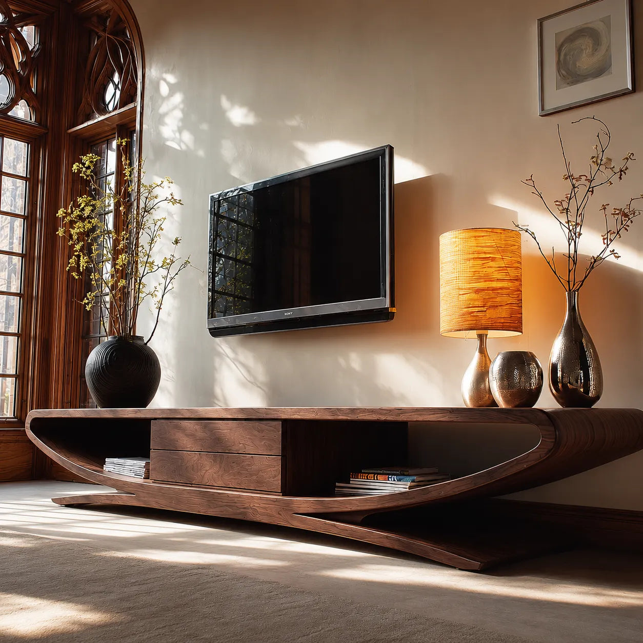 Sculptural Natural Solid Wood TV Stand with Open Shelves and Drawers - Livewoodcraft - 8