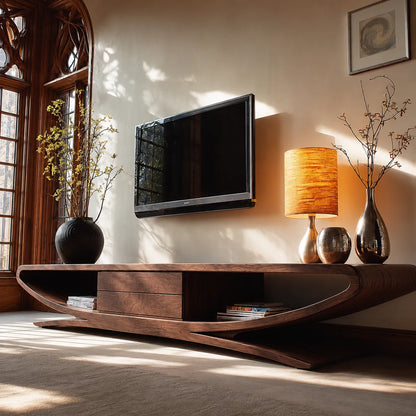 Sculptural Natural Solid Wood TV Stand with Open Shelves and Drawers - Livewoodcraft - 8