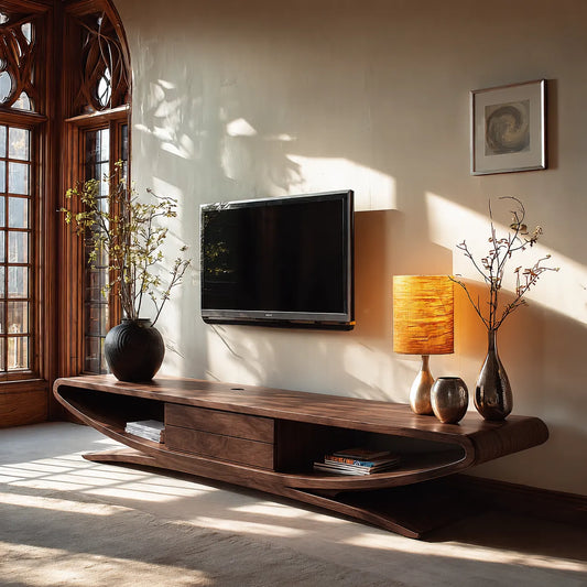 Sculptural Natural Solid Wood TV Stand with Open Shelves and Drawers - Livewoodcraft
