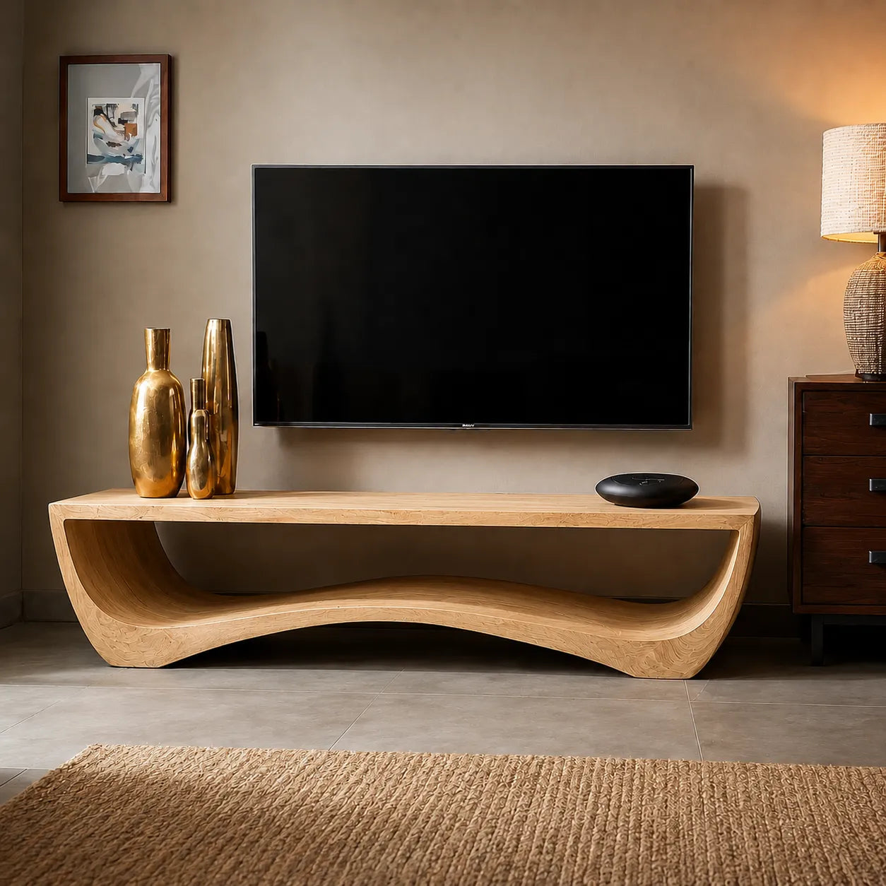 Sculptural Natural Solid Wood Wave TV Stand for Modern Living Rooms - Livewoodcraft - 9