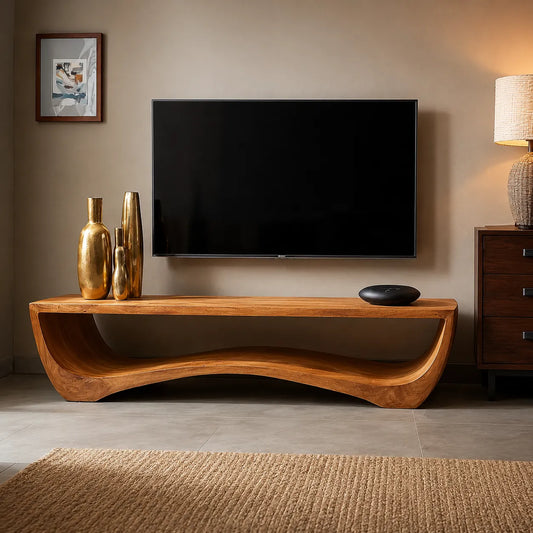 Sculptural Natural Solid Wood Wave TV Stand for Modern Living Rooms - Livewoodcraft