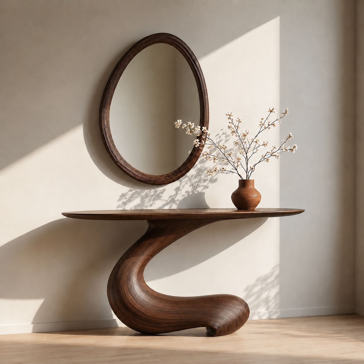 Sculptural Round Base Wood Console Table – Organic Natural Wood Console for Modern Interior - Livewoodcraft - 10