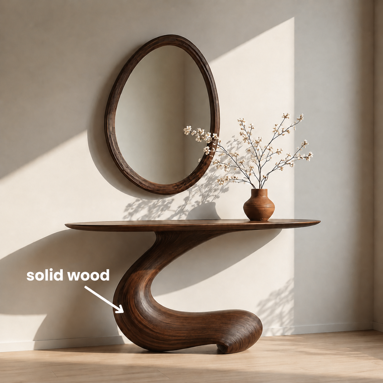 Sculptural Round Base Wood Console Table – Organic Natural Wood Console for Modern Interior - Livewoodcraft - 11