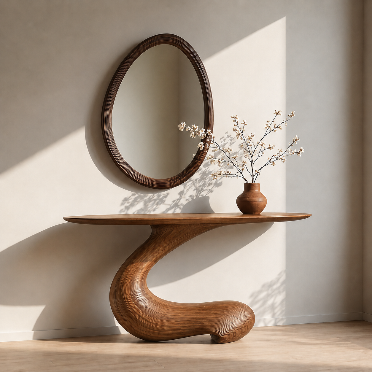 Sculptural Round Base Wood Console Table – Organic Natural Wood Console for Modern Interior - Livewoodcraft - 2