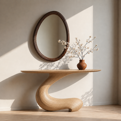 Sculptural Round Base Wood Console Table – Organic Natural Wood Console for Modern Interior - Livewoodcraft - 4