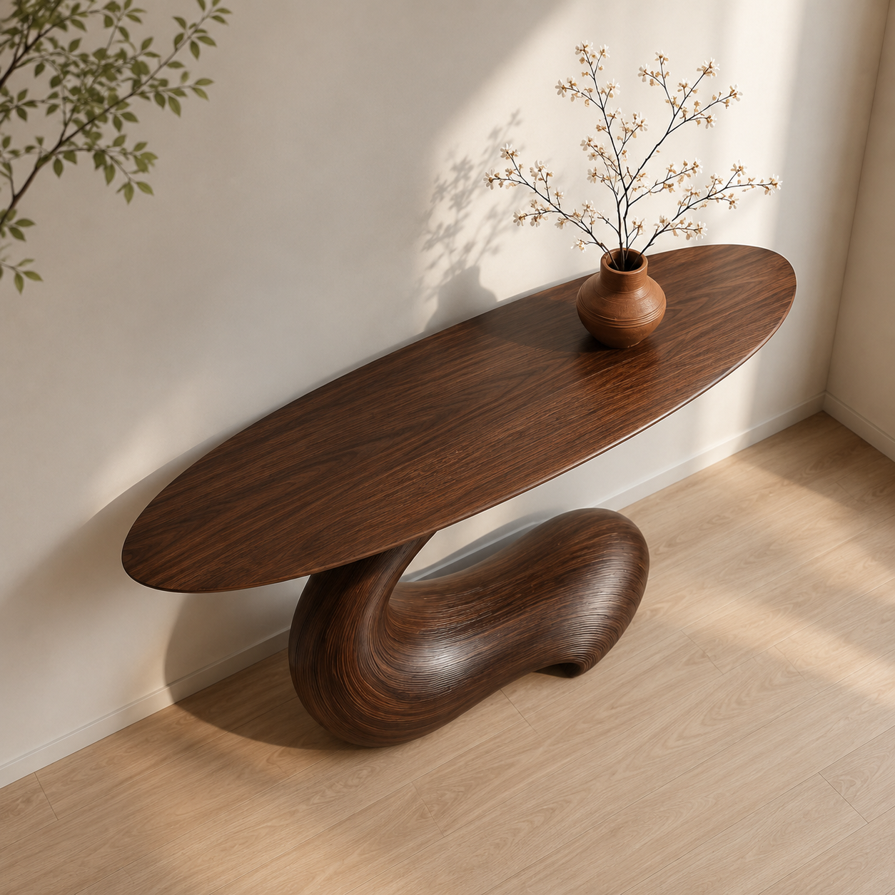Sculptural Round Base Wood Console Table – Organic Natural Wood Console for Modern Interior - Livewoodcraft - 7