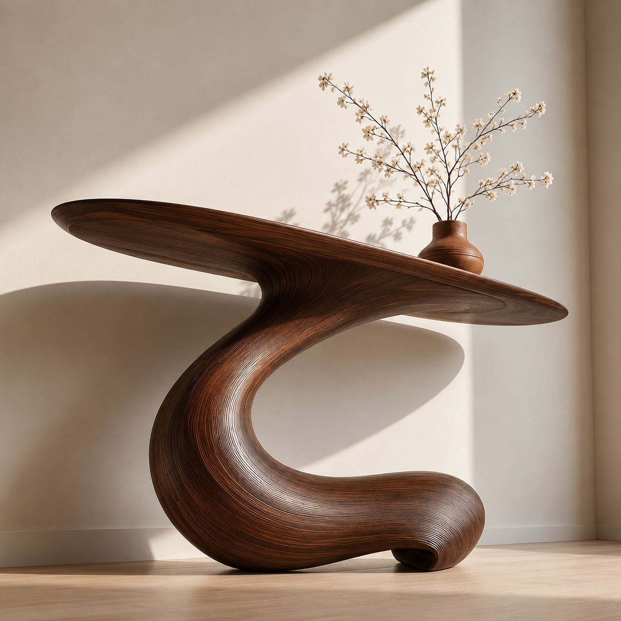 Sculptural Round Base Wood Console Table – Organic Natural Wood Console for Modern Interior - Livewoodcraft - 8