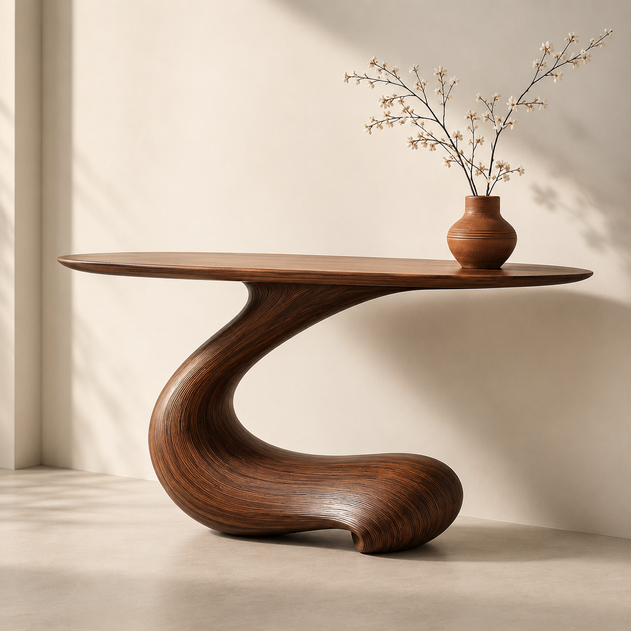 Sculptural Round Base Wood Console Table – Organic Natural Wood Console for Modern Interior - Livewoodcraft - 9